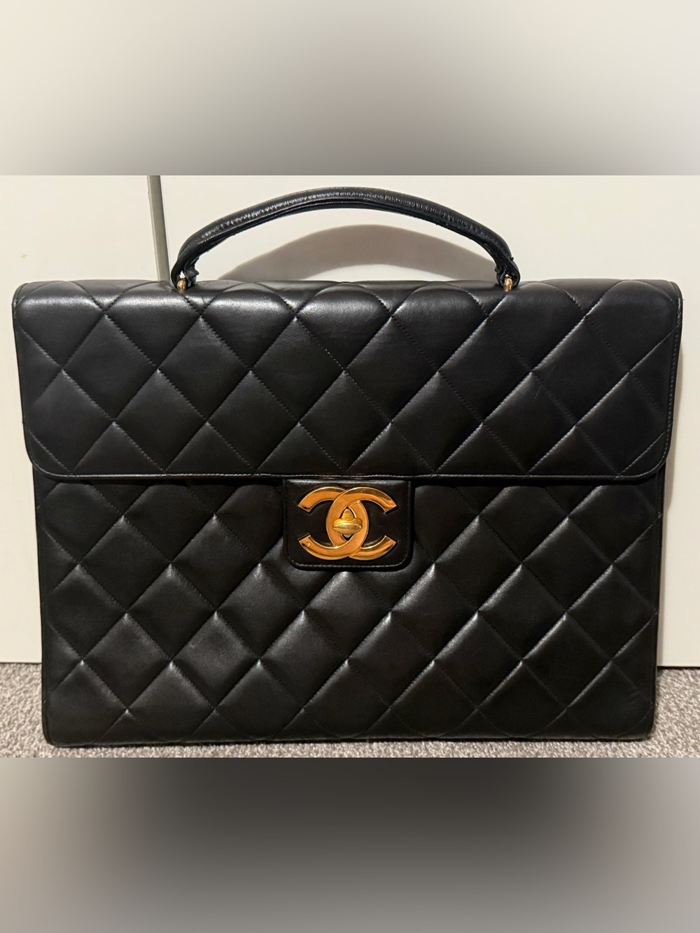 Chanel Gold HW Black Quilted Top Handle Business Bag